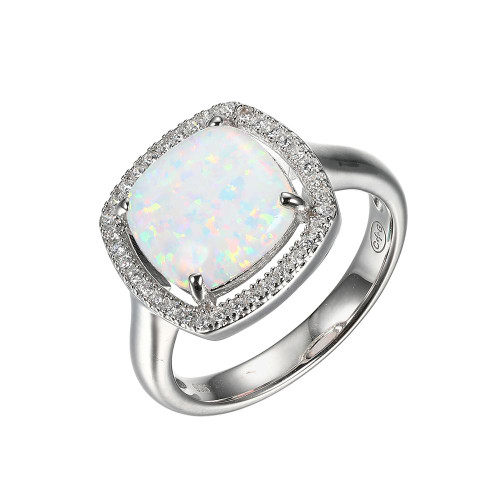 Charles Garnier Rhodium-plated Sterling Silver Ring w/ Square Synthetic Opal & CZs