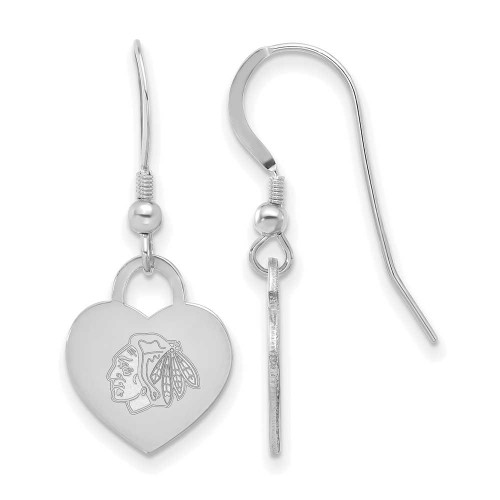 Image of Sterling Silver Rhodium-plated NHL LogoArt Chicago Blackhawks Heart Dangle Earrings