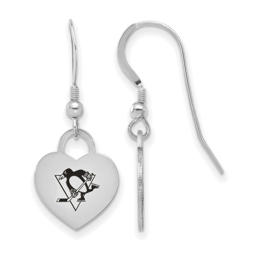 Sterling Silver Rhodium-plated NHL LogoArt Pittsburgh Penguins Enamel Heart Dangle Earrings