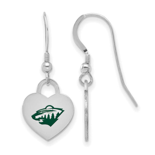 Image of Sterling Silver Rhodium-plated NHL LogoArt Minnesota Wild Enamel Heart Dangle Earrings