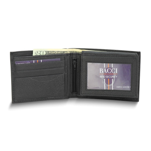 Black Cowhide Leather RFID Blocking Top Flap Bifold Wallet with Zippered Slot and 2 ID Windows (Gifts)