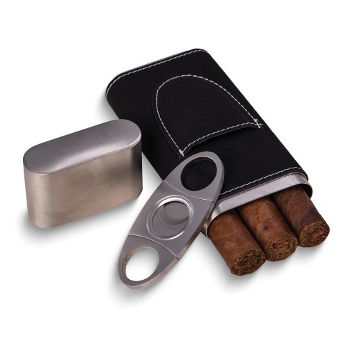 Black Leather Three Cigar Case and Stainless Steel Cutter Set (Gifts)