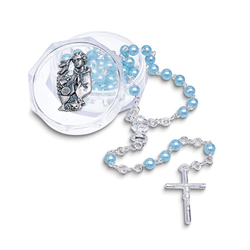 Blue Simulated Pearl Communion Silver-tone 12.5 inch Rosary In Acrylic Box (Gifts)
