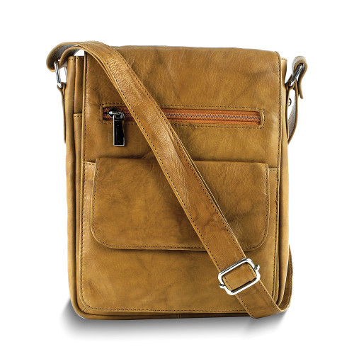 Tan Leather Cross Body Messenger Bag with Front Organizer Pocket and Adjustable Shoulder Strap (Gifts)