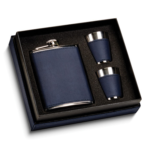 Blue Leatherette 8oz Flask with Two Cups Gift Set (Gifts)