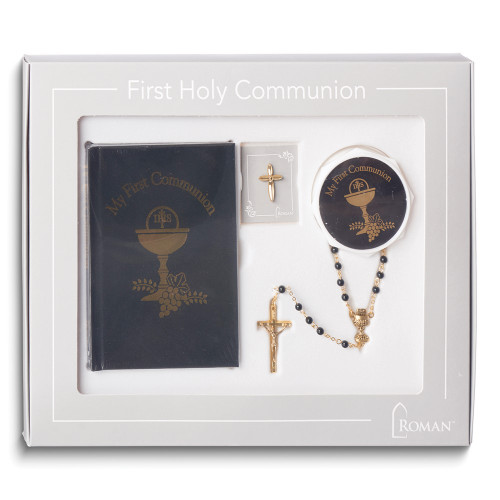 Five Piece Black and Gold-tone Communion Rosary Set with Rosary, Book, Pink, Scapular and Box (Gifts)