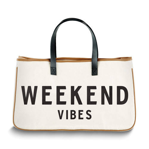 WEEKEND VIBES Cotton Canvas Tote with Leather Handles (Gifts)