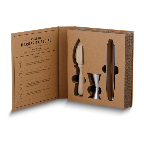Cardboard Book Margarita Cocktail Kit - Includes Stainless Steel Tongs and Jigger with Wooden Juicer (Gifts)