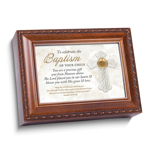 CELEBRATE THE BAPTISM Woodgrain Resin Music Box (Plays Friend in Jesus) (Gifts)