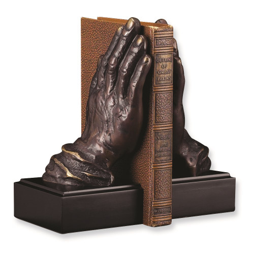Set of 2 Antiqued Bronze Finish Cast Metal Wood Praying Hands on Black Wood Base Bookends (Gifts)