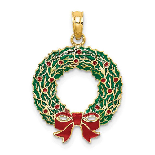 Image of 10K Yellow Gold Enamel Christmas Wreath Pendant