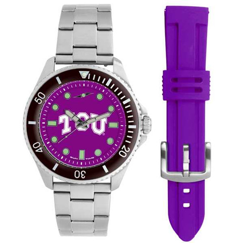 Image of Texas Christian Horned Frogs Men's Contender Watch Gift Set - Stainless Steel Case with 2 Bands