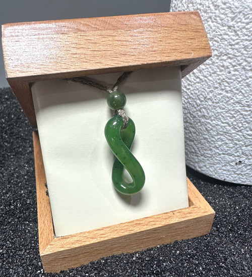 26mm Natural Untreated Nephrite Jade Infinity Twist Pendant on Cord