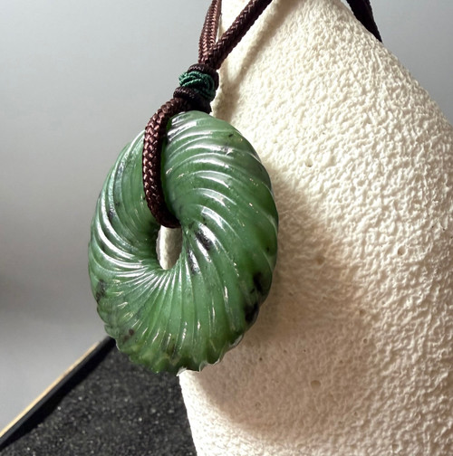 48mm Natural Untreated Nephrite Jade Spiral Donut Pendant on Cord