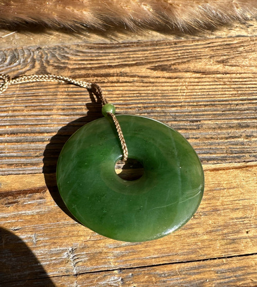 45mm Natural Untreated Dark Green Nephrite Jade Pi Donut Pendant on Cord