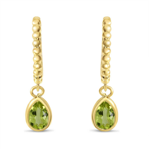 Image of 14K Yellow Gold Pear Peridot Dangle Birthstone Textured Huggie Earrings
