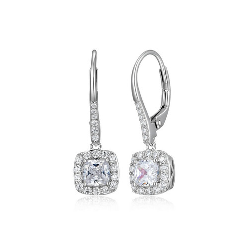 ELLE Sterling Silver Radiance Cushion-cut CZ Halo Leverback Drop Earrings