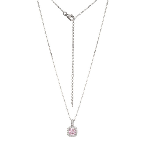 ELLE 17"+3" Sterling Silver "Radiance" Cable Chain Necklace w/ Cushion-cut Pink CZ Halo Pendant