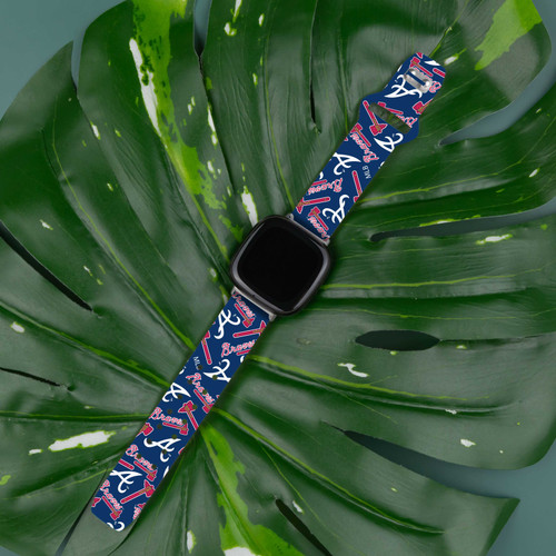 Image of Game Time Atlanta Braves HD Watch Band Compatible with Fitbit Versa 3 and Sense - Repeating with Text