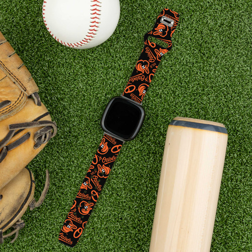 Image of Game Time Baltimore Orioles HD Watch Band Compatible with Fitbit Versa 3 and Sense - Repeating with Text