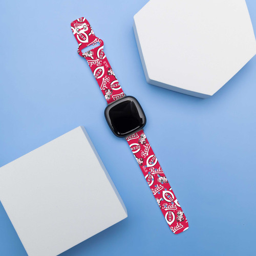 Image of Game Time Cincinnati Reds HD Watch Band Compatible with Fitbit Versa 3 and Sense - Repeating with Text