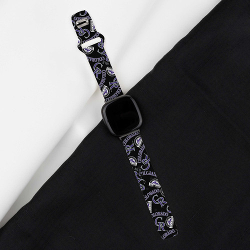Image of Game Time Colorado Rockies HD Watch Band Compatible with Fitbit Versa 3 and Sense - Repeating with Text