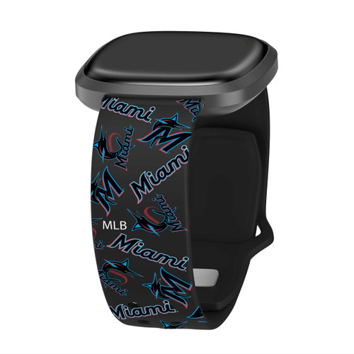 Image of Game Time Miami Marlins HD Watch Band Compatible with Fitbit Versa 3 and Sense - Repeating with Text