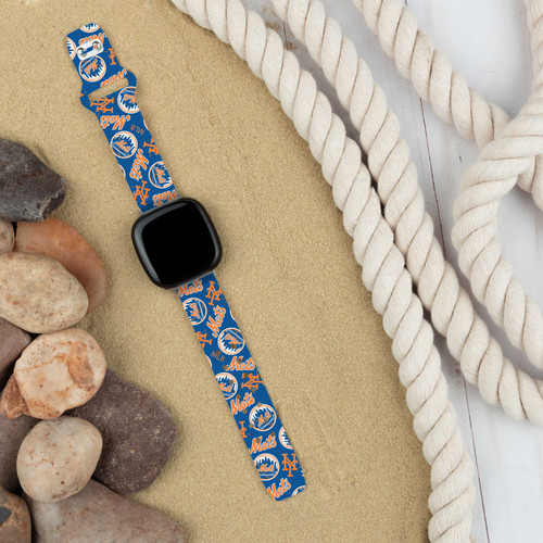 Image of Game Time New York Mets HD Watch Band Compatible with Fitbit Versa 3 and Sense - Repeating with Text