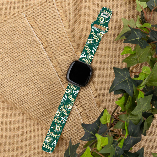 Image of Game Time Oakland Athletics HD Watch Band Compatible with Fitbit Versa 3 and Sense - Repeating with Text