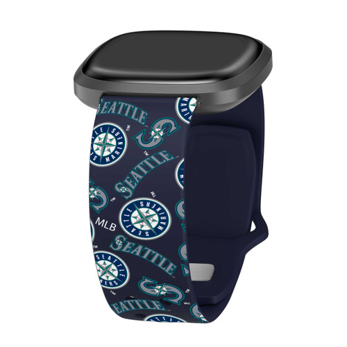 Image of Game Time Seattle Mariners HD Watch Band Compatible with Fitbit Versa 3 and Sense - Repeating with Text