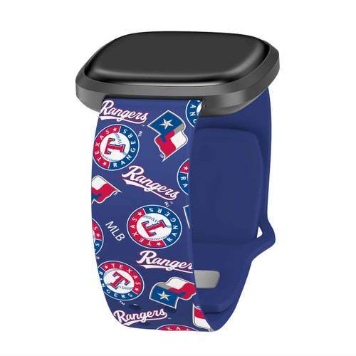 Image of Game Time Texas Rangers HD Watch Band Compatible with Fitbit Versa 3 and Sense - Repeating with Text