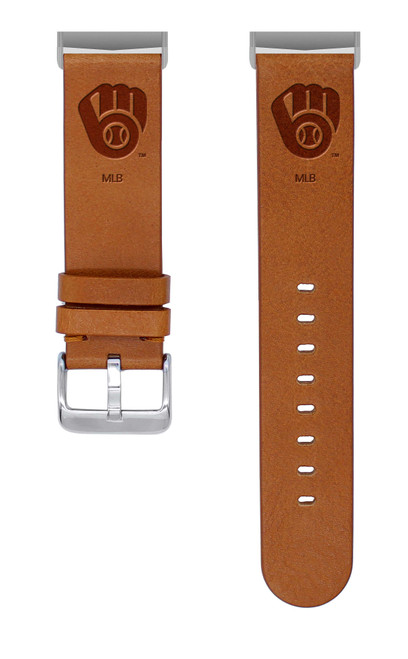 Image of Game Time Milwaukee Brewers Leather Watch Band Compatible with Fitbit Versa 3 and Sense - Tan