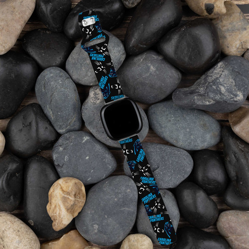 Image of Game Time Carolina Panthers HD Watch Band Compatible with Fitbit Versa 3 and Sense - Repeating with Text