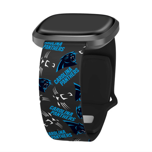 Image of Game Time Carolina Panthers HD Watch Band Compatible with Fitbit Versa 3 and Sense - Repeating with Text