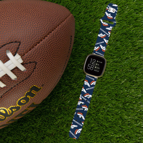 Image of Game Time Denver Broncos HD Watch Band Compatible with Fitbit Versa 3 and Sense - Repeating with Text