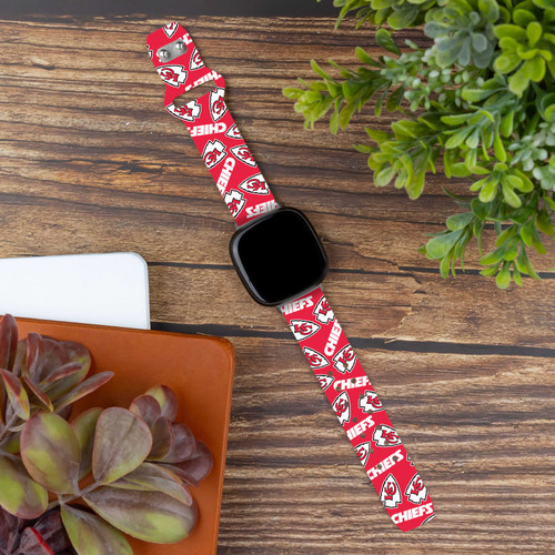 Image of Game Time Kansas City Chiefs HD Watch Band Compatible with Fitbit Versa 3 and Sense - Repeating with Text