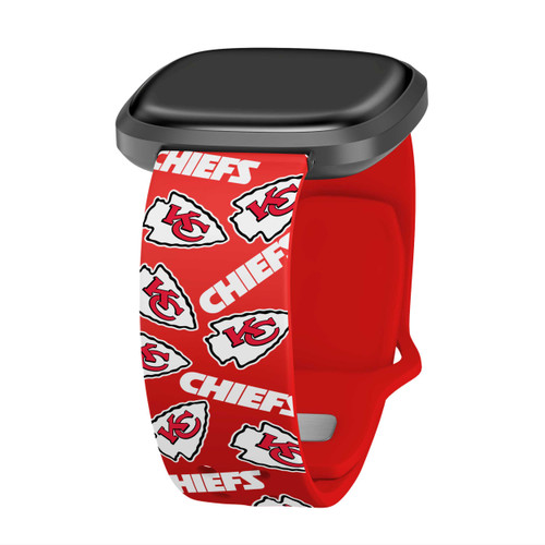 Image of Game Time Kansas City Chiefs HD Watch Band Compatible with Fitbit Versa 3 and Sense - Repeating with Text