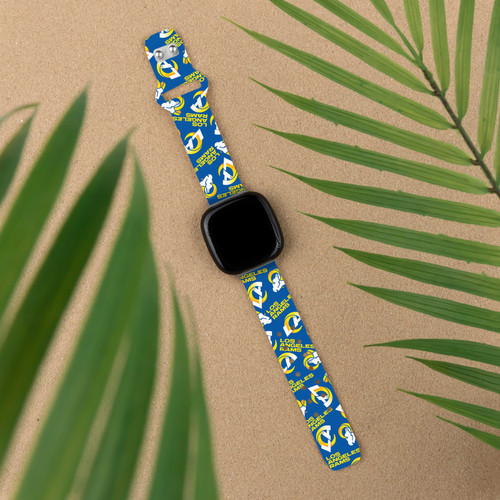 Image of Game Time Los Angeles Rams HD Watch Band Compatible with Fitbit Versa 3 and Sense - Repeating with Text