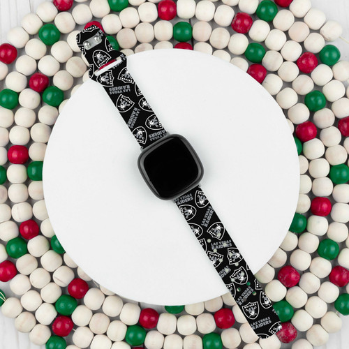 Image of Game Time Las Vegas Raiders HD Watch Band Compatible with Fitbit Versa 3 and Sense - Repeating with Text