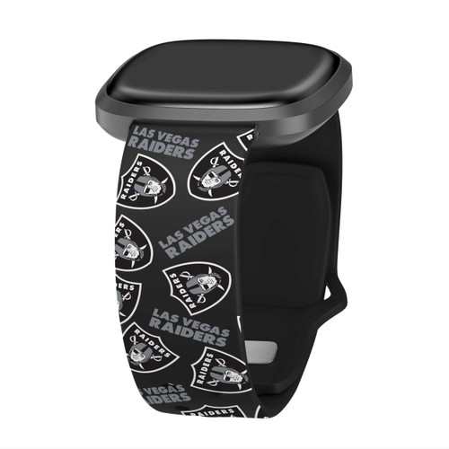 Image of Game Time Las Vegas Raiders HD Watch Band Compatible with Fitbit Versa 3 and Sense - Repeating with Text