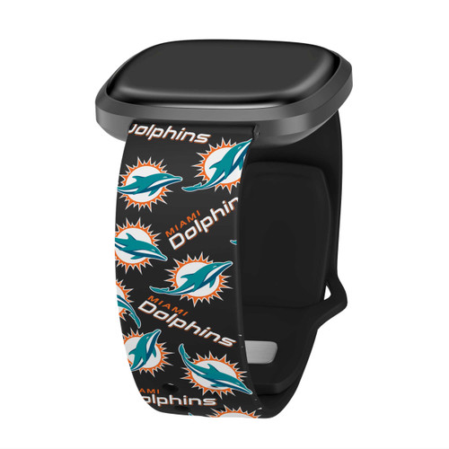 Image of Game Time Miami Dolphins HD Watch Band Compatible with Fitbit Versa 3 and Sense - Repeating with Text