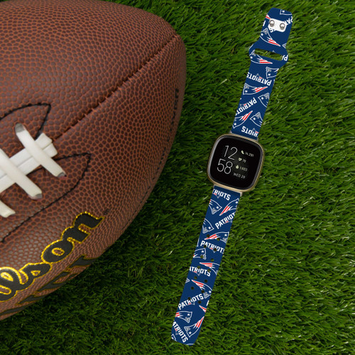 Image of Game Time New England Patriots HD Watch Band Compatible with Fitbit Versa 3 and Sense - Repeating with Text