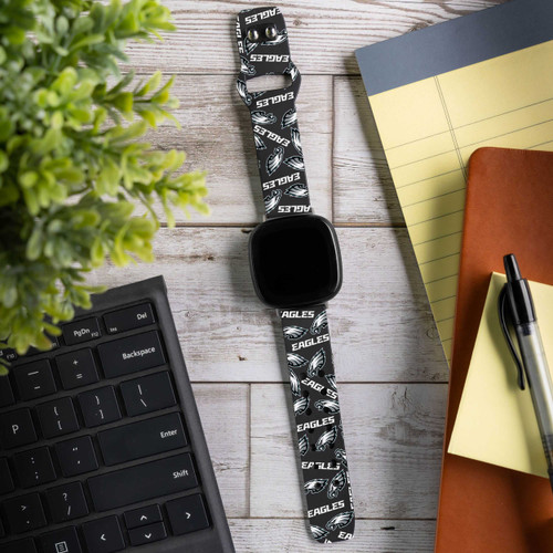 Image of Game Time Philadelphia Eagles HD Watch Band Compatible with Fitbit Versa 3 and Sense - Repeating with Text