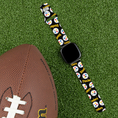 Image of Game Time Pittsburgh Steelers HD Watch Band Compatible with Fitbit Versa 3 and Sense - Repeating with Text