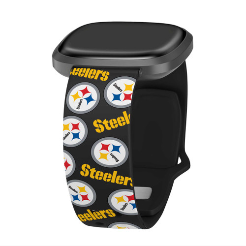 Image of Game Time Pittsburgh Steelers HD Watch Band Compatible with Fitbit Versa 3 and Sense - Repeating with Text