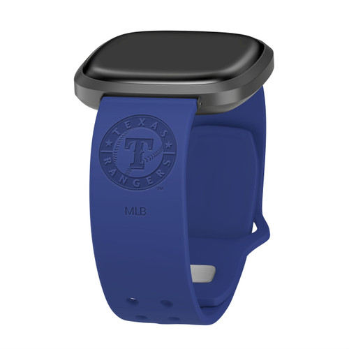 Image of Game Time Texas Rangers Engraved Silicone Watch Band Compatible with Fitbit Versa 3 and Sense (Blue)