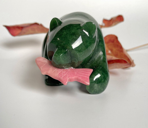 Natural Untreated Nephrite Jade Grizzly Bear With Rhodonite Fish