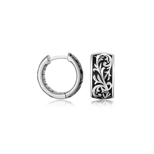 Additional view of 16mm Mens Rhodium-Plated Sterling Silver Filigree Design Huggie Hoop Earrings