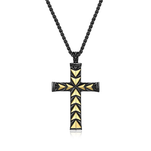 24 inch Mens Black- and Gold-Plated Sterling Silver Chevron Pattern Cross Pendant Chain Necklace