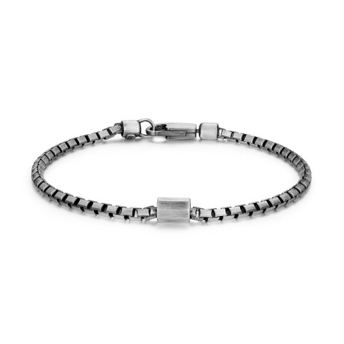 Additional view of 8.5 inch Mens Brushed Gun Metal Sterling Silver Italian Box Chain Bracelet w/ Barrel Element
